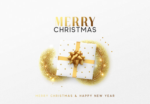 Merry Christmas greeting card. Xmas holiday background, gift box with gold tinsel and bright golden snowflake.