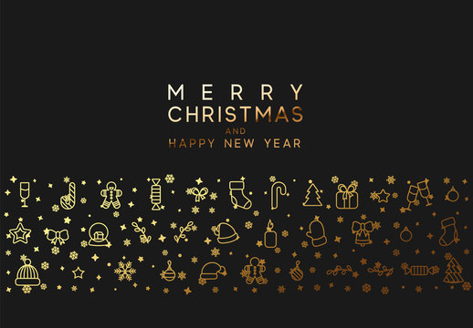 Merry Christmas and happy new year. Black background with festive gold linear style