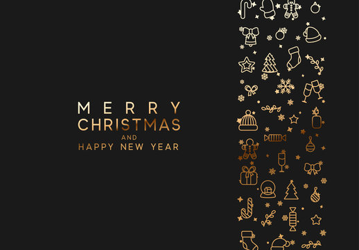 Merry Christmas and happy new year. Black background with festive gold linear style