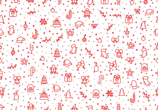 Winter seamless pattern background with red Christmas festive elements and objects in line art