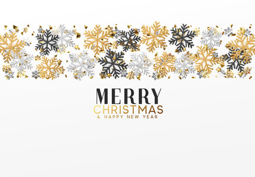 Merry Christmas and Happy New Year. Xmas background with Shining gold Snowflakes. Greeting card, holiday banner, web poster
