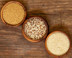 Triple bowlfuls of quinoa, sesame seeds and couscous.