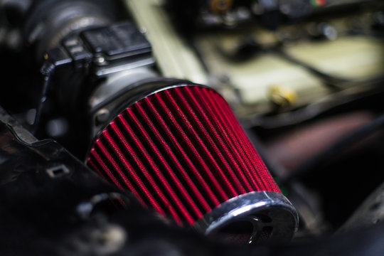 High performance red air filter of sport car