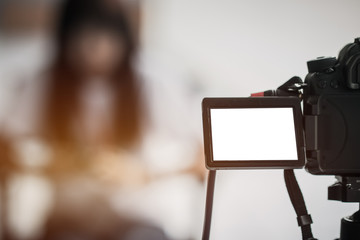 Video journalist or reporter on LCD Screen Blank camera  for copy space in your text message or...
