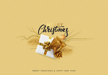 Christmas bright background with golden decorations. Xmas greeting card. Happy New Year. Festive objects in the form of border gold gifts box, bauble balls.