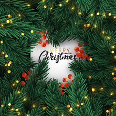 Fototapeta na wymiar Christmas tree branches. Frame of green branch of pine and gold string garland lights. Festive Xmas border