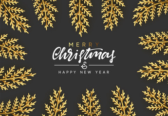 Christmas vector background with golden decorative pine branches and twigs. Handwritten lettering calligraphy