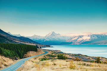Road to Mt Cook, the highest mountain in New Zealand. - 231275119