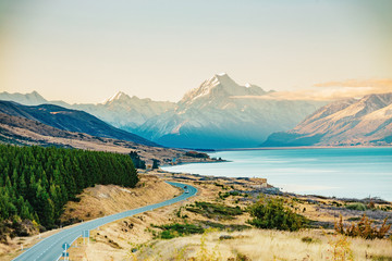 Road to Mt Cook, the highest mountain in New Zealand. - 231275123
