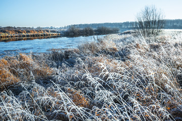 Autumn landscape, frosty morning by the river. Western Siberia