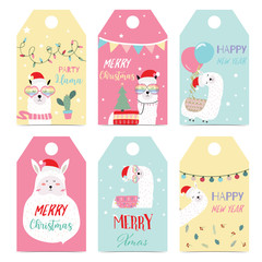 Tag and label with llama,flag,light,flower,leaf,balloon in merry christmas