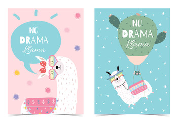 Blue pink hand drawn cute card with llama, star,glasses,cactus,balloon and rainbow.No drama llama in bubble