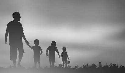 silhouette of family on the beach at  sunrise time oil paint