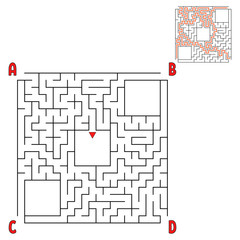 Abstract square maze. Game for kids. Puzzle for children. Four entrances, one exit. Labyrinth conundrum. Flat vector illustration isolated on white background. With answer. With place for your image.