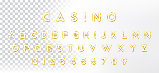 Original Gold shining font. Golden alphabet with letters and numerals for holiday design. Flat illustration EPS10