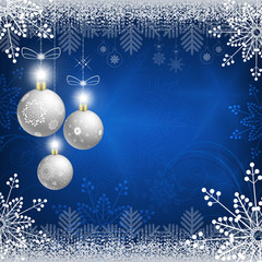 blue design with snowflakes and white christmas balls