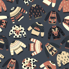 Vintage Christmas Holiday sweaters seamless vector pattern blue. Knitted ugly winter jumpers with norwegian ornaments and decorations. Christmas background for fabric, gift wrap, poster, greeting card - obrazy, fototapety, plakaty