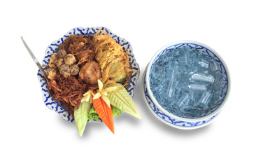 rice with ice and pea water on beautiful bowl for eating at summer time(Thai traditional style),food,healthy,culture