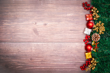 Christmas season background and Happy new year on wood background