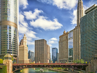 The Chicago River at Wabash Avenue in Chicago, USA. Modern Cityscape.