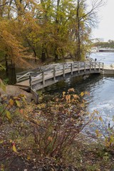 Fototapeta na wymiar Bridge over river with autumn trees 