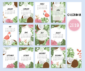 Doodle calendar set 2019 with banana leaf,hibiscus,palm,tree,coconut tree,flamingo for children.Can be used for printable graphic