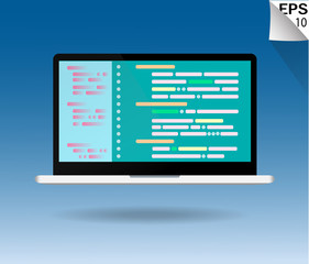 Laptop computer flat design, programming and code. vector illustrations