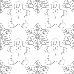Gingerbread. Black and white illustration for coloring book or page. Christmas, holiday background.