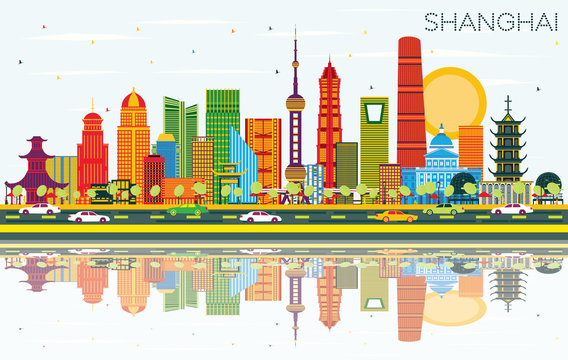 Shanghai China City Skyline with Color Buildings, Blue Sky and Reflections.