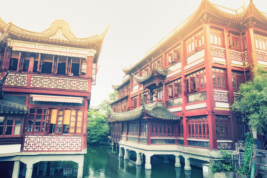 Ancient temples of the Yuan Garden in Shanghai, China. Colorful travel background.