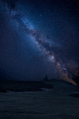 Vibrant Milky Way composite image over landscape of Belle Tout lighthouse on South Downs National Park