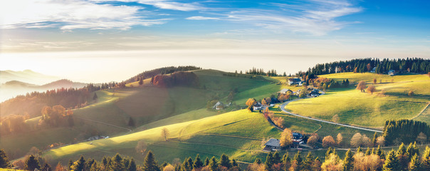 Scenic autumn mountain landscape of Black Forest, Germany. Panorama view.