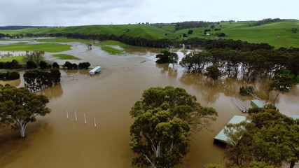 Aerial shot of a flooded rural town in Victoria, Australia.