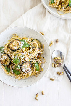 Linguine with zucchini & pistachio