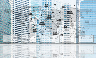 Concept of global communication and networking with world map over cityscape