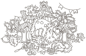Santa Claus after the New Year’s feast is slightly drunk and asleep on his couch in a scary mess, black and white vector illustration in a cartoon style