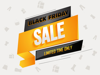 Limited time sale for Black Friday, tag or label on white background decorated with shopping elements.