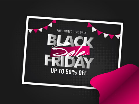 Black Friday Sale poster or banner design with upto 50% discount offer on black background decorated with bunting flags.