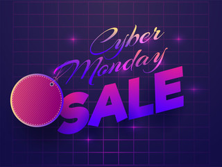 Stylish text Cyber Monday with sale tag on purple grid background for poster or template design for advertisement.