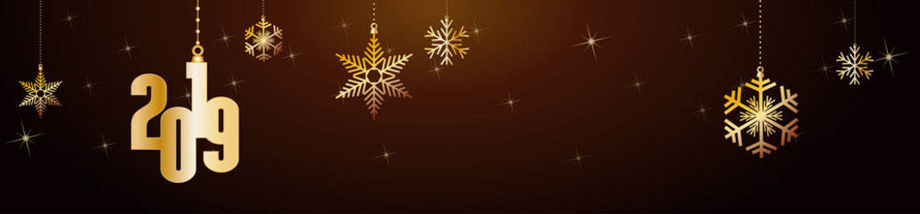 2019 Happy New Year header background. Golden balls and stars, banner