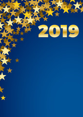 2019 Happy New Year celebrate vertical card with holiday greetings and golden stars