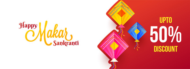 Up to 50% discount offer for Makar Sankranti festival, colorful kite decorated on glossy red background. Website header or banner design.