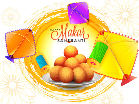 Happy makar Sankranti greeting card design with illustration of Indian dessert, colorful kites and spool.