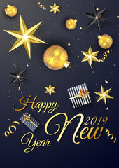 Stylish golden lettering Happy New Year 2019 with glowing stars, baubles and gift boxes on blue background.