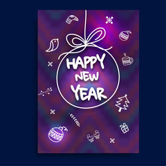 Fototapeta na wymiar Doodle elements decorated purple greeting card design for Happy New Year celebration.