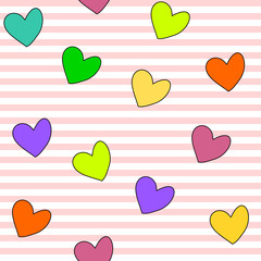 Colorful hearts drawn on lines, seamless pattern vector 