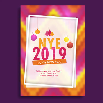 Creative colorful greeting card design for NYE (New Year Eve) 2019 celebration.