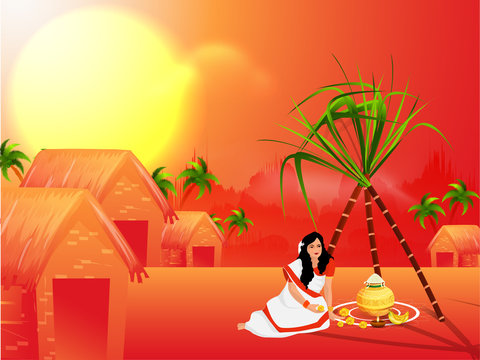 Young woman worshiping on occasion of Happy Pongal Village landscape  background, harvest festival celebration in South India. Stock Vector |  Adobe Stock