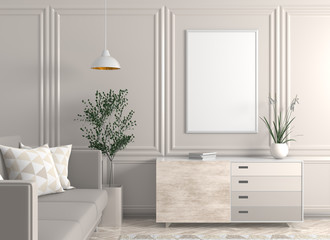 Mock up poster frame in Scandinavian style hipster interior. 3D illustration