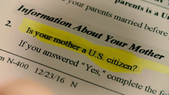 A yellow highlighter marks "Is your mother a US citizen" on an immigration form
